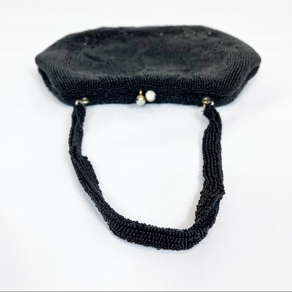 Vintage Delill Black Beaded Sequins Evening Bag Purse W/Strap Glass Kiss Clasp - Picture 4 of 10